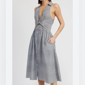 En Saison JJ Striped Twist-Front Midi Dress collared sleeveless button front Lg